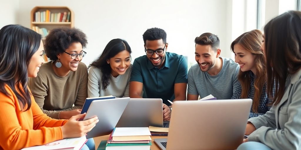Grupo estudando inglês com laptops e livros.
