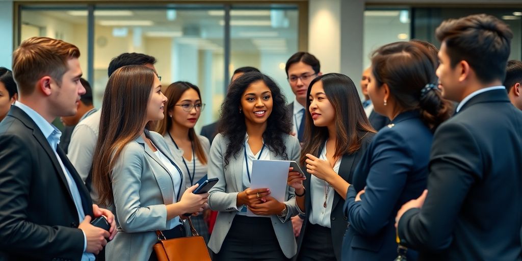 Young professionals networking in a modern office setting.