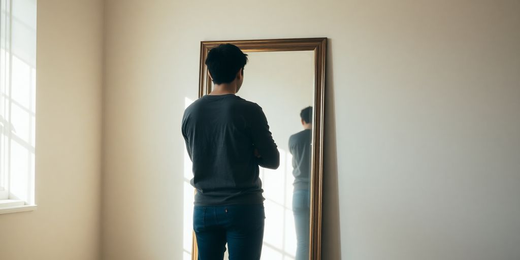 Person examining their reflection in a mirror.