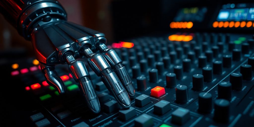 Robot hand adjusting music mixing board