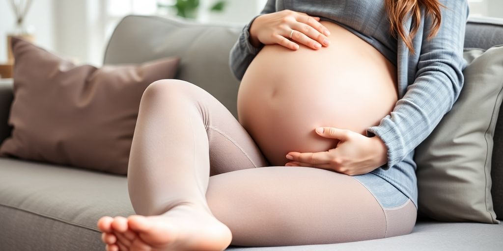 Pregnant woman wearing compression socks on a couch