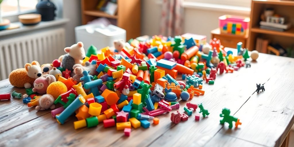 Table full of colorful, neatly arranged used toys.