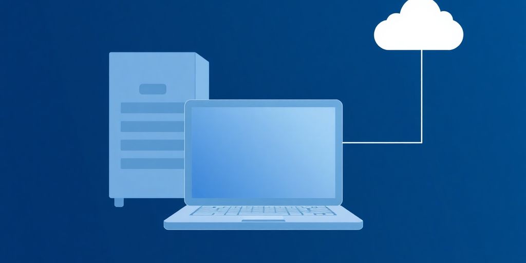 Laptop, server rack, cloud icon, connected.