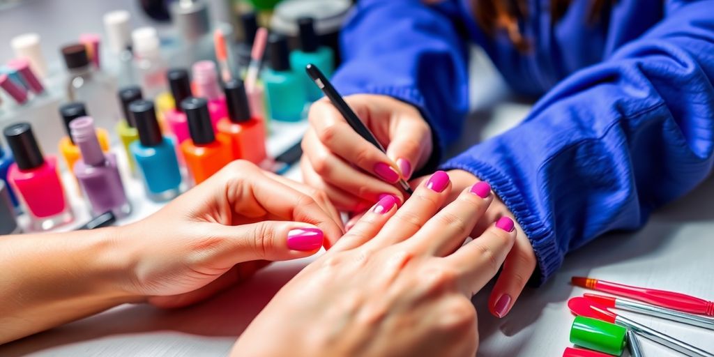 Hands painting nails with colorful nail polish bottles nearby.