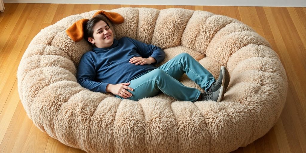 Giant dog bed with a person relaxing inside.