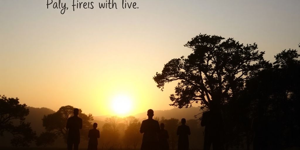 Silhouettes praying in a tranquil dawn landscape.