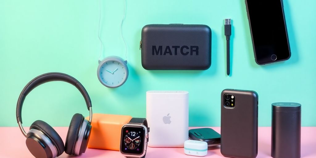 Collection of gender-neutral tech gifts on a table.