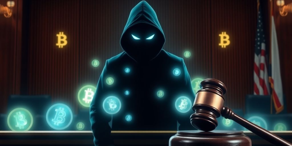 Hacker convicted, crypto coins, courtroom gavel.