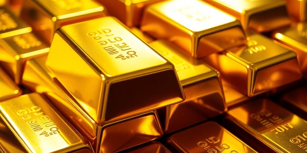 Lingots d'or brillants dans une lumière dorée.