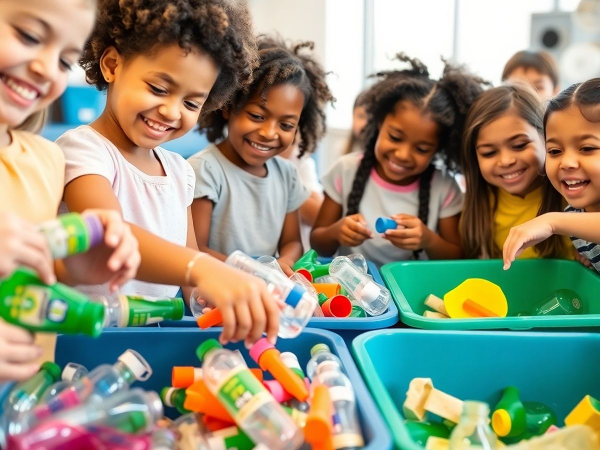 Copii zâmbitori reciclează plastic, hârtie, sticlă, cu bucurie.