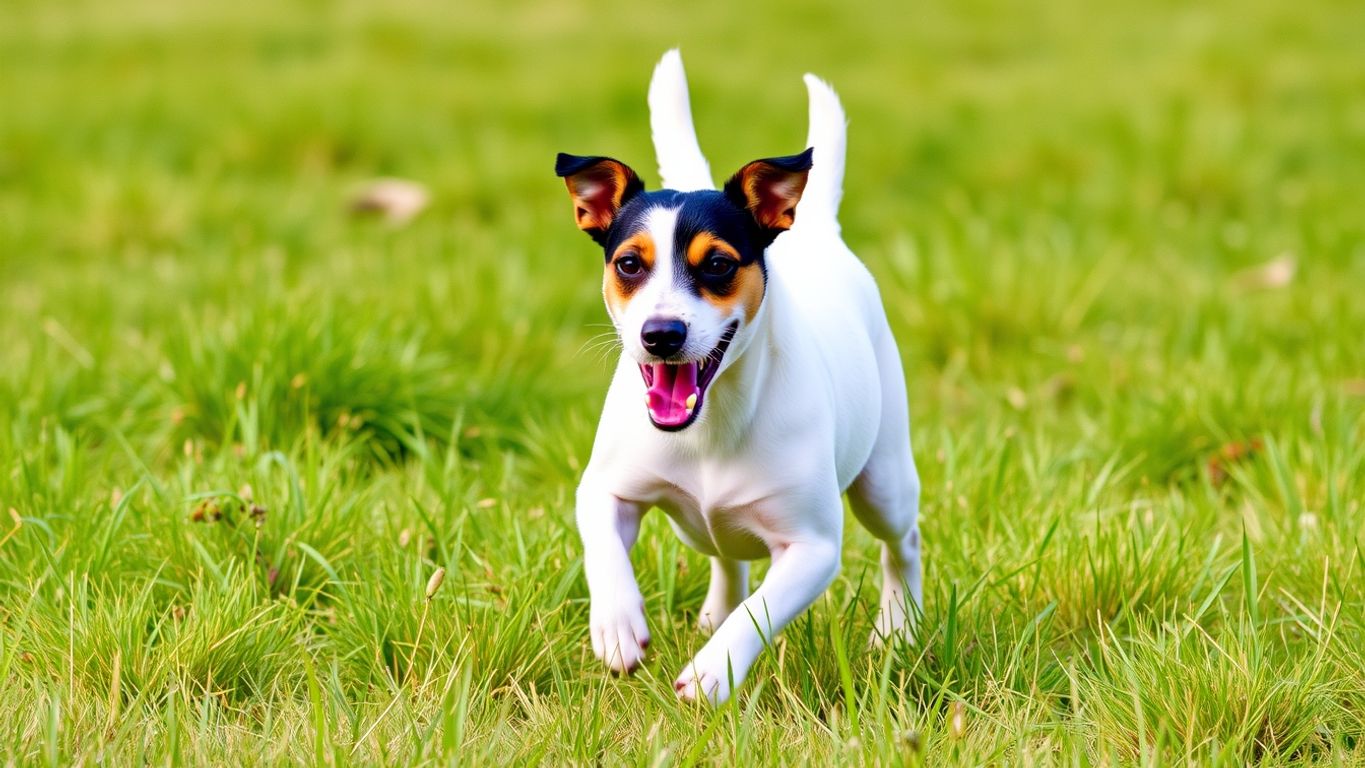 Parson Russell Terrier playing in a green field.