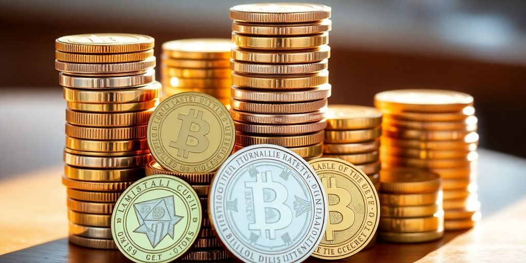 Photograph of different stablecoins stacked on a table.