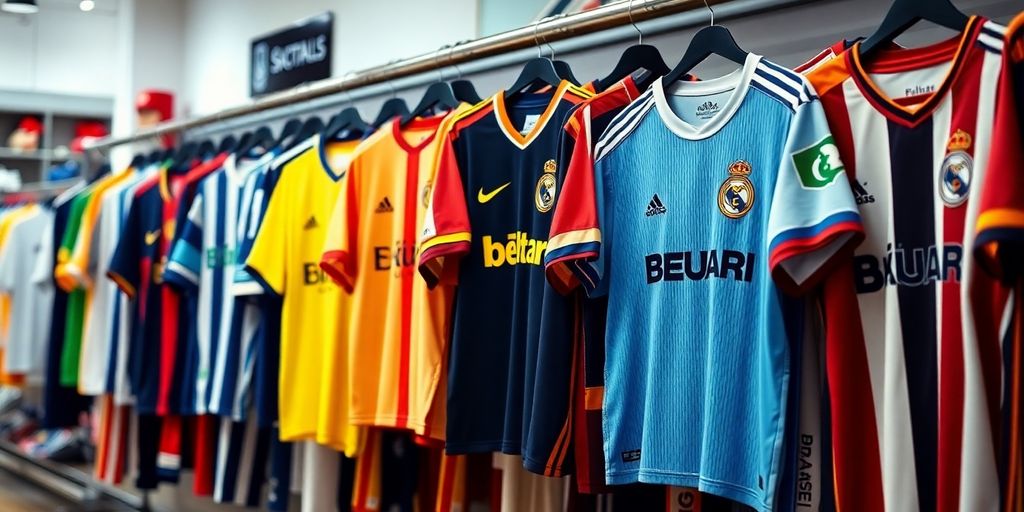 Colorful soccer jerseys hanging in a sports store.