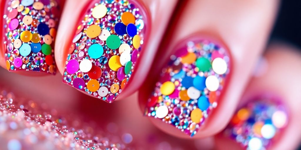 Unhas decoradas com lantejoulas brilhantes e coloridas.