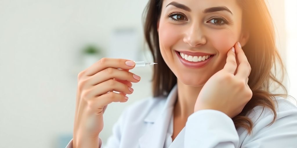 Nurse practitioner with a friendly smile examining a patient's skin.