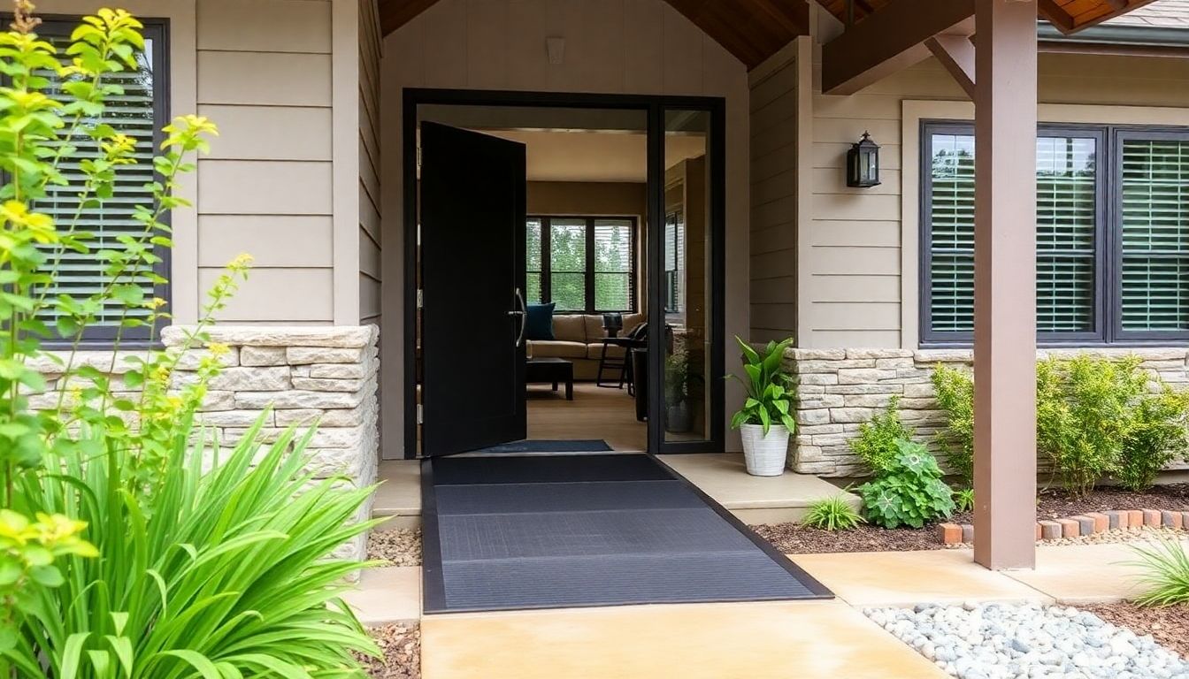 Accessible home entrance with ramp and wide door.