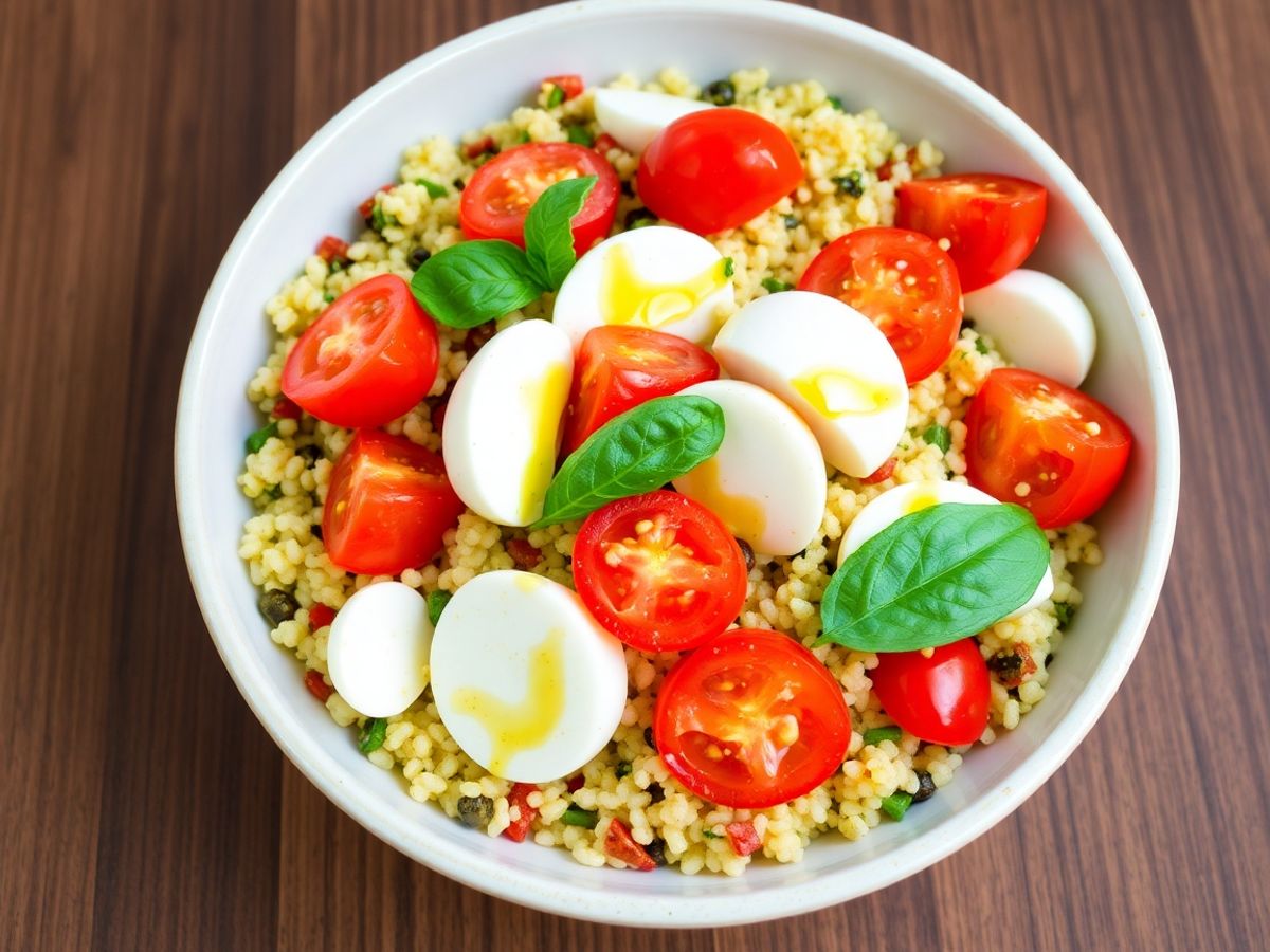 Colorful quinoa salad with mozzarella, tomatoes, and basil.