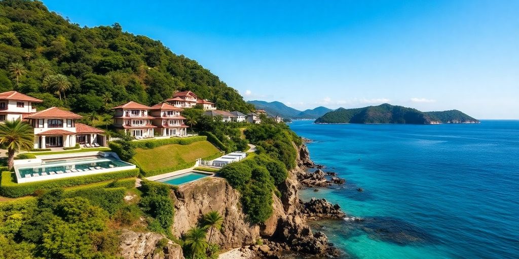 Scenic Phuket coastline with luxurious villas and greenery.