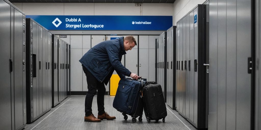 Traveler storing luggage at Dublin Airport locker