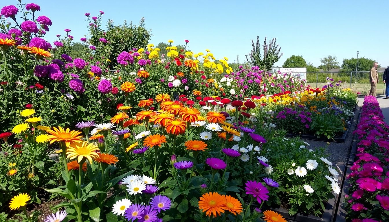 Colourful garden with diverse flowering plants.