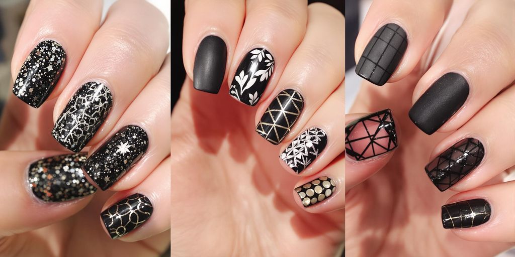 Unhas decoradas pretas com diferentes estilos e designs.