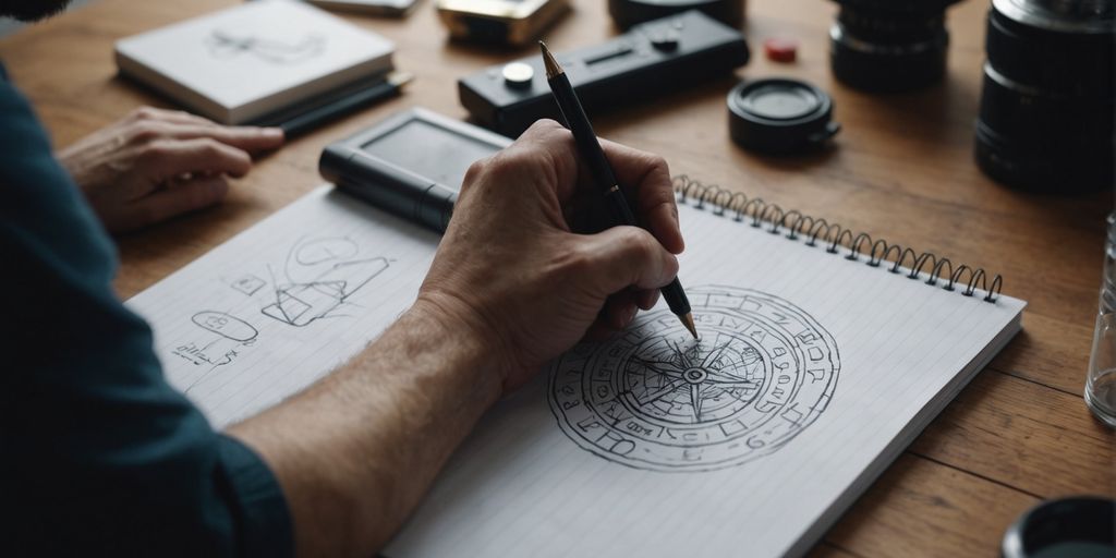 Designer drawing logo ideas on a notepad