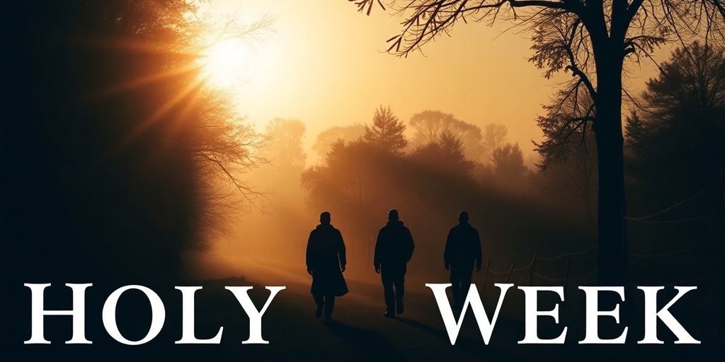 Silhouetted figures walking on a tranquil path at dawn.