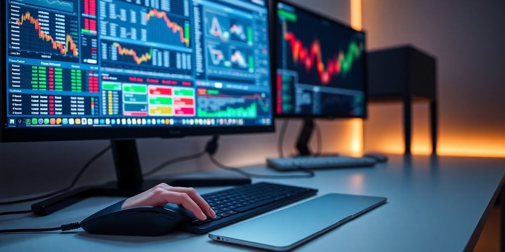 Modern computer setup, trading interface.