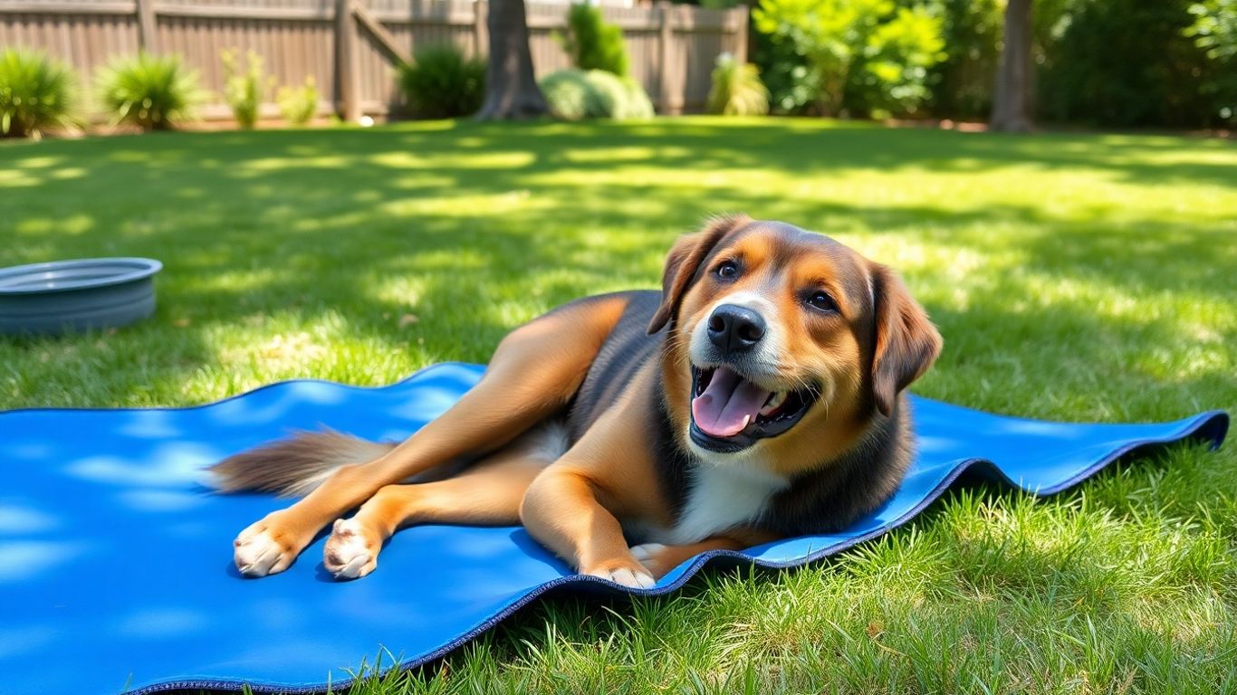 Dog lying on blue cooling mat in sunny garden