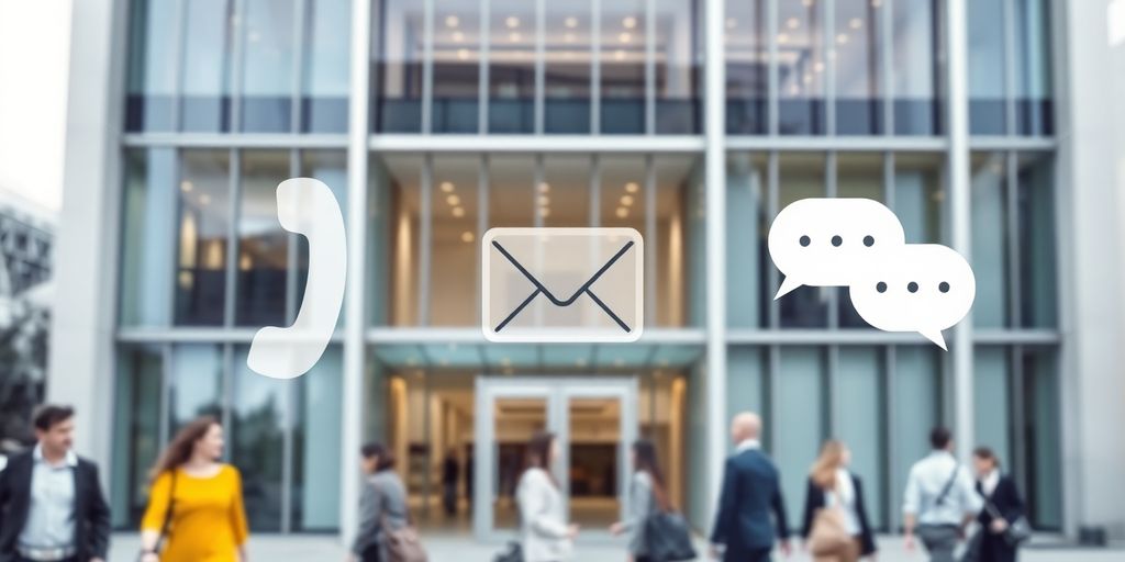 Corporate building, contact icons, people
