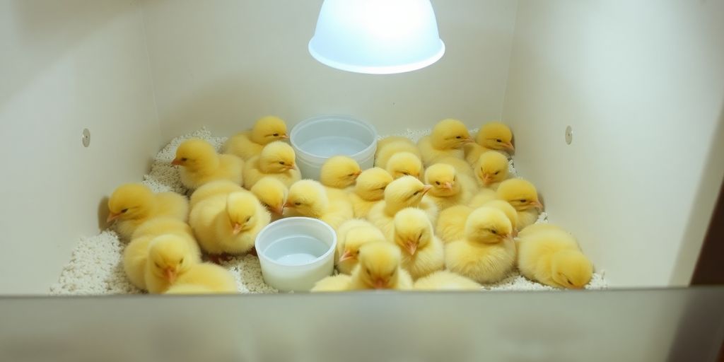 Fluffy yellow chicken chicks in a cozy brooder setup.