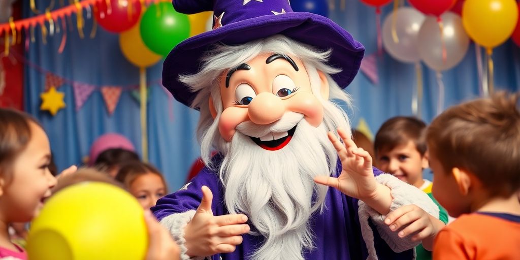 A cheerful wizard mascot entertaining at a lively party.