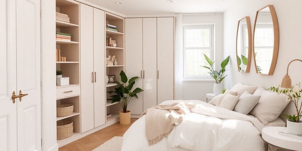Cozy small bedroom with clever storage and light colors.