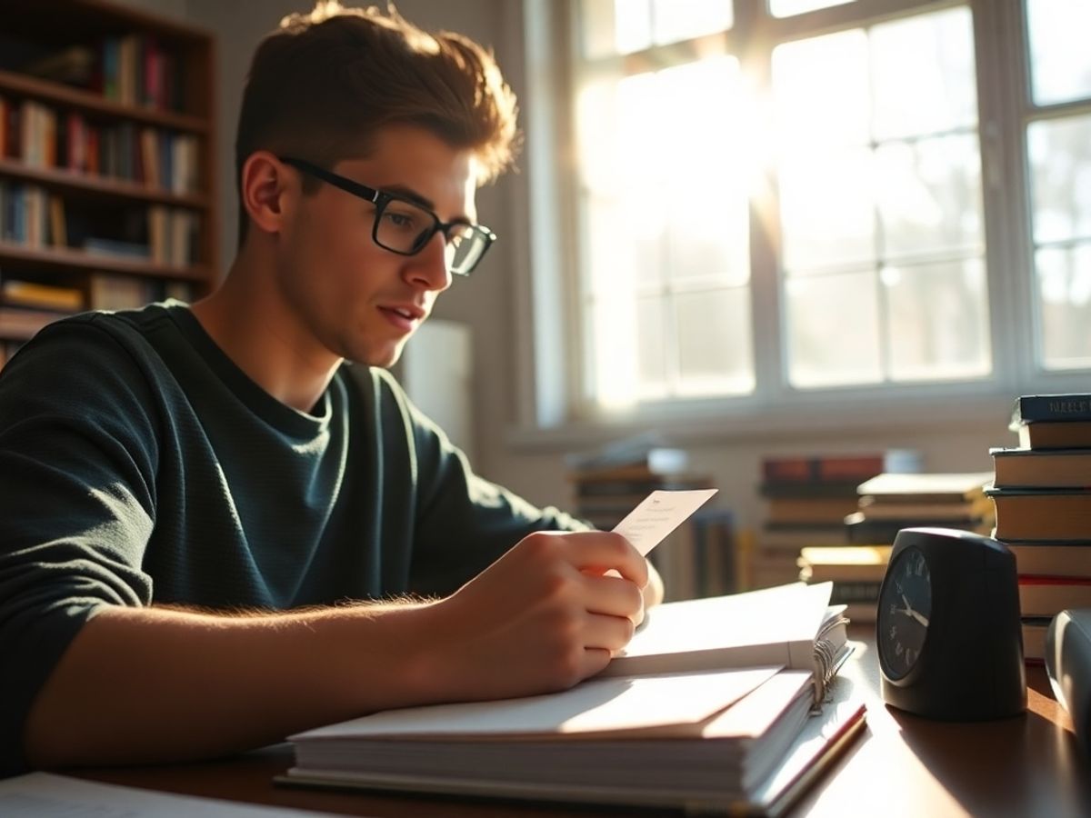 Student using flashcards in a bright study area.