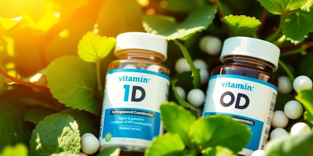 Vitamin D supplements with greens and sunlight background.