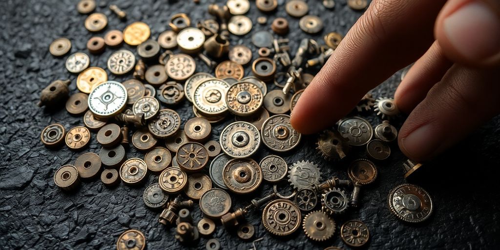 Diverse objects scattered, like coins, gears, and ancient artifacts.