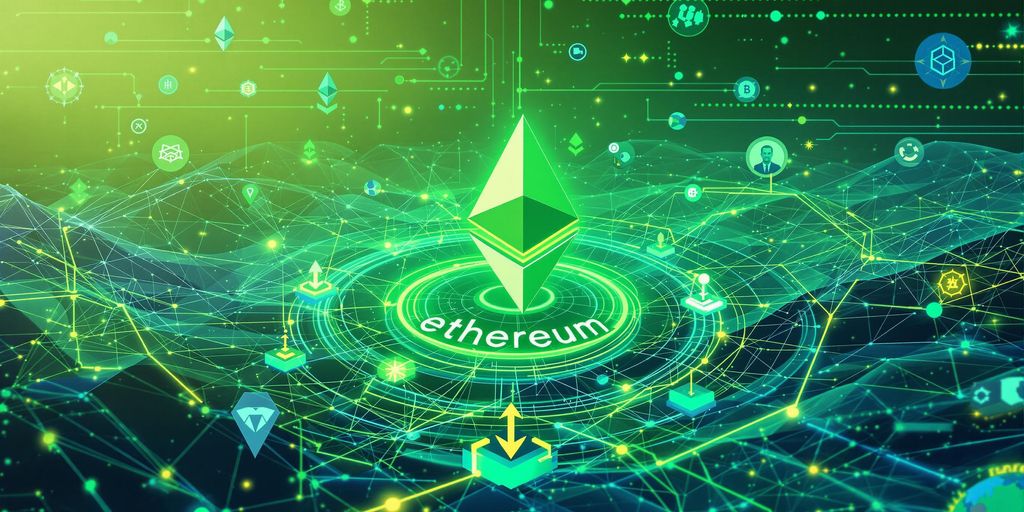 Futuristische Darstellung von Ethereum und DeFi-Elementen.
