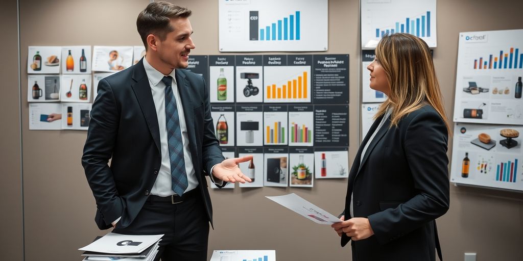 Business professionals discussing product choices and charts