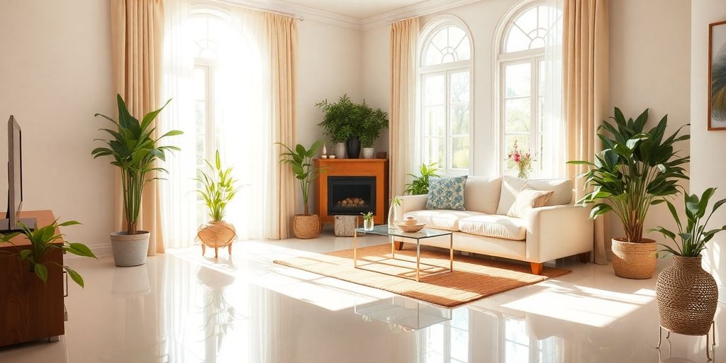 غرفة معيشة نظيفة ومشرقة بألوان دافئة.