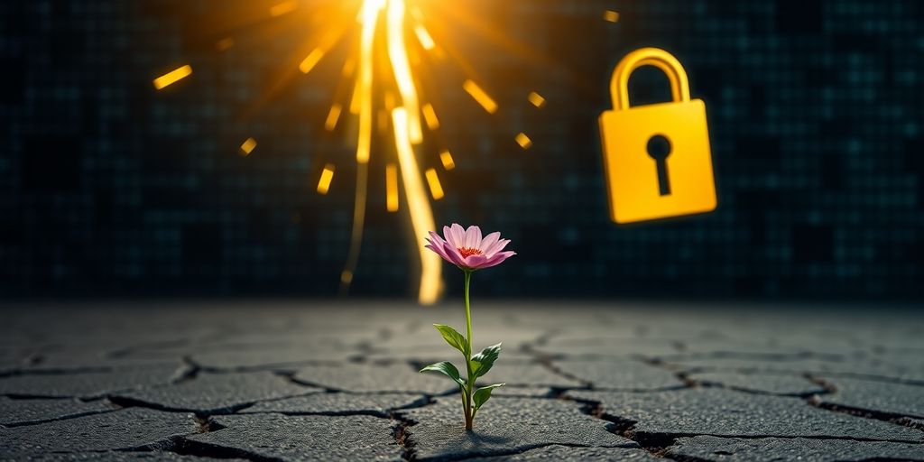 Golden key unlocking digital lock, flower growing through pavement.