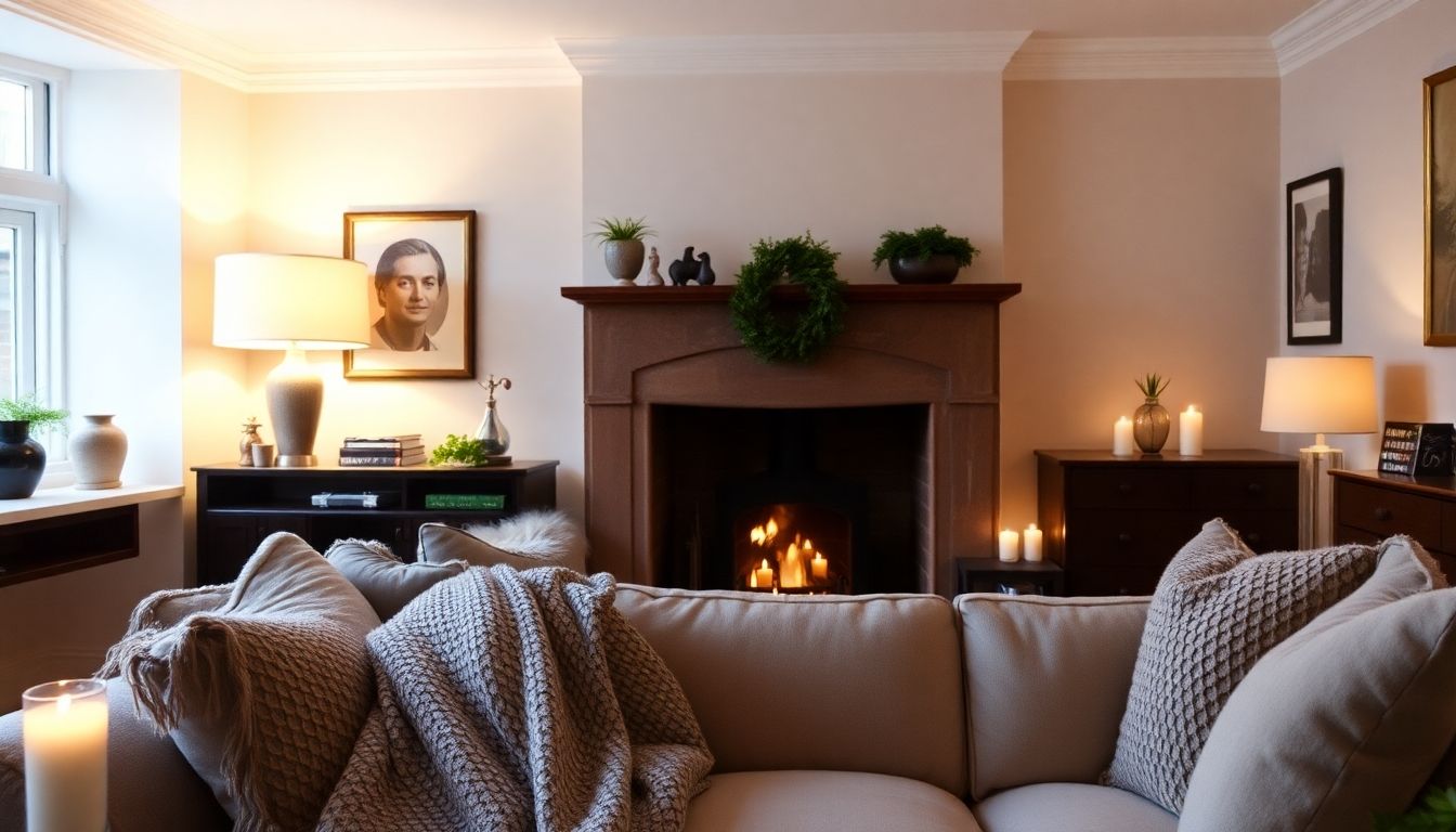 Cosy London living room with warm lighting.