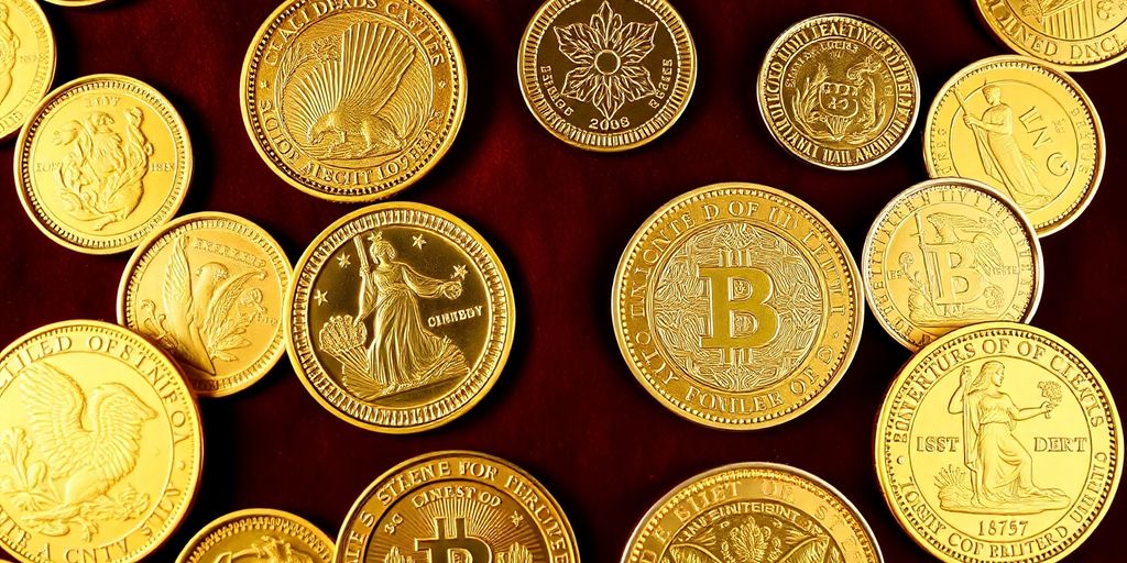 Collection de pièces d'or sur un fond en velours.