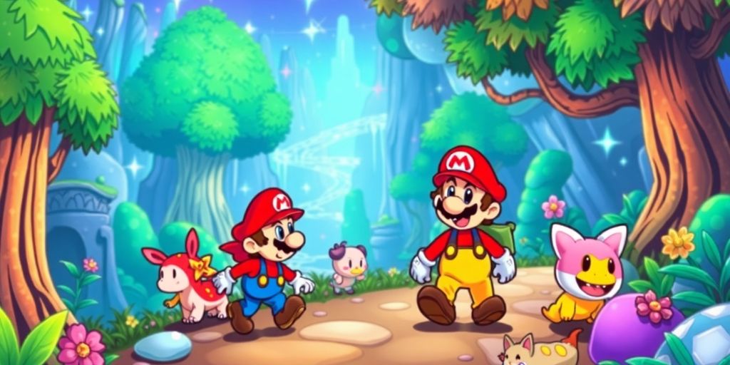 Mario and friends exploring a colorful, magical fantasy world.