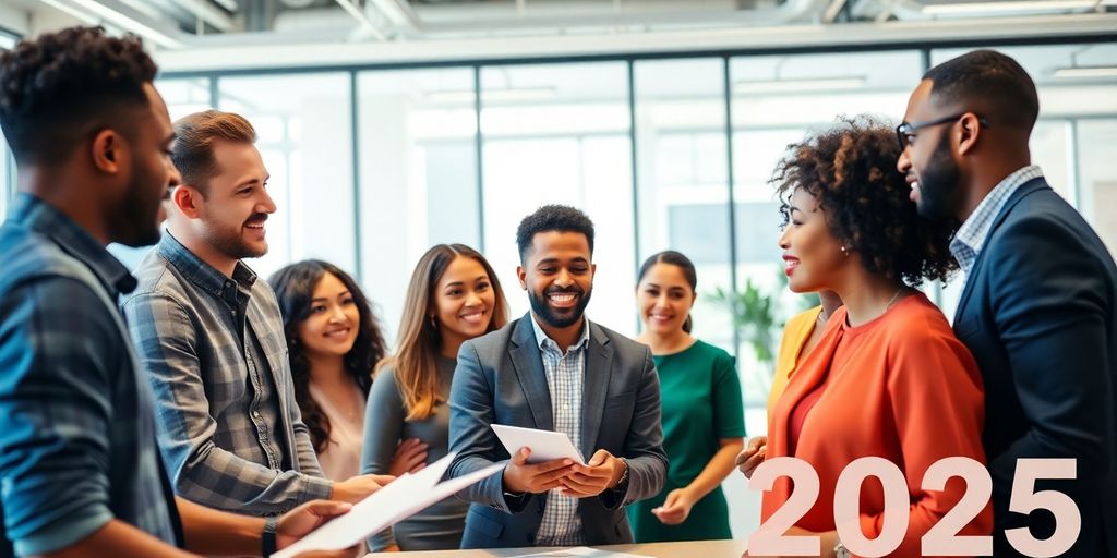 Diverse team collaborating in a modern office environment.
