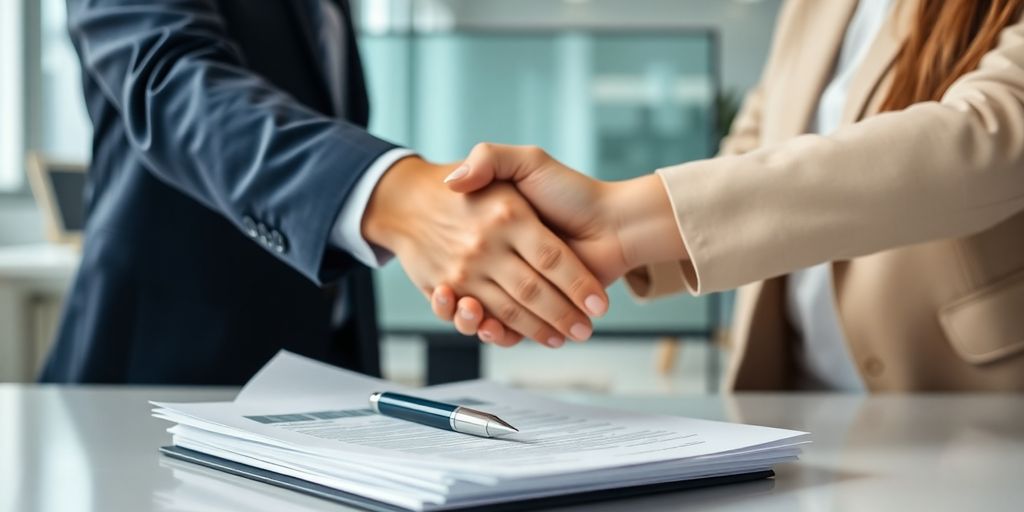 Two people shaking hands over a title document.