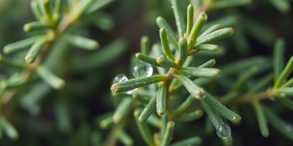 Fresh rosemary sprigs with water droplets.