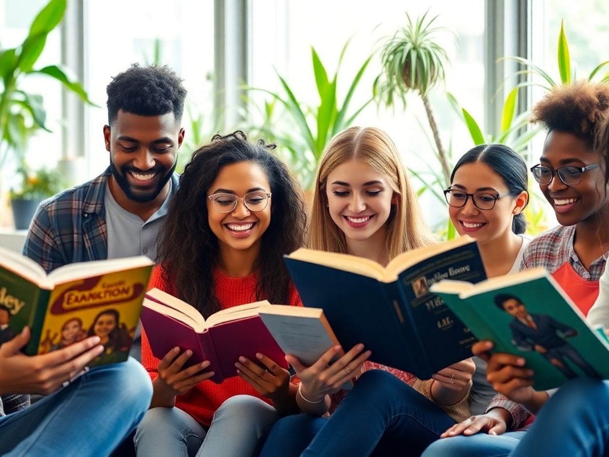 Students reading self-development books in a bright environment.
