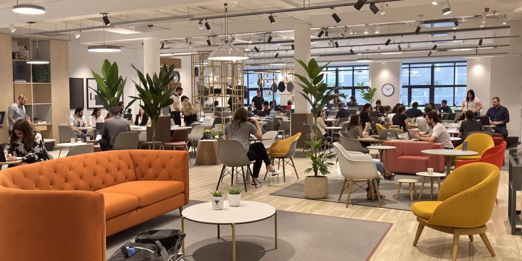 Modern coworking space with professionals collaborating in comfort.