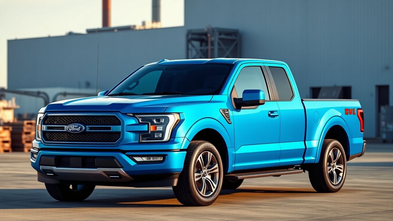 Blue electric Ford pickup truck near a factory.