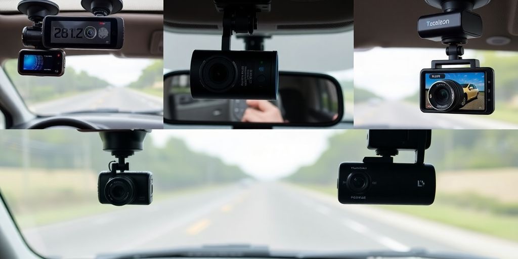 Variety of dash cameras mounted on a car windshield.